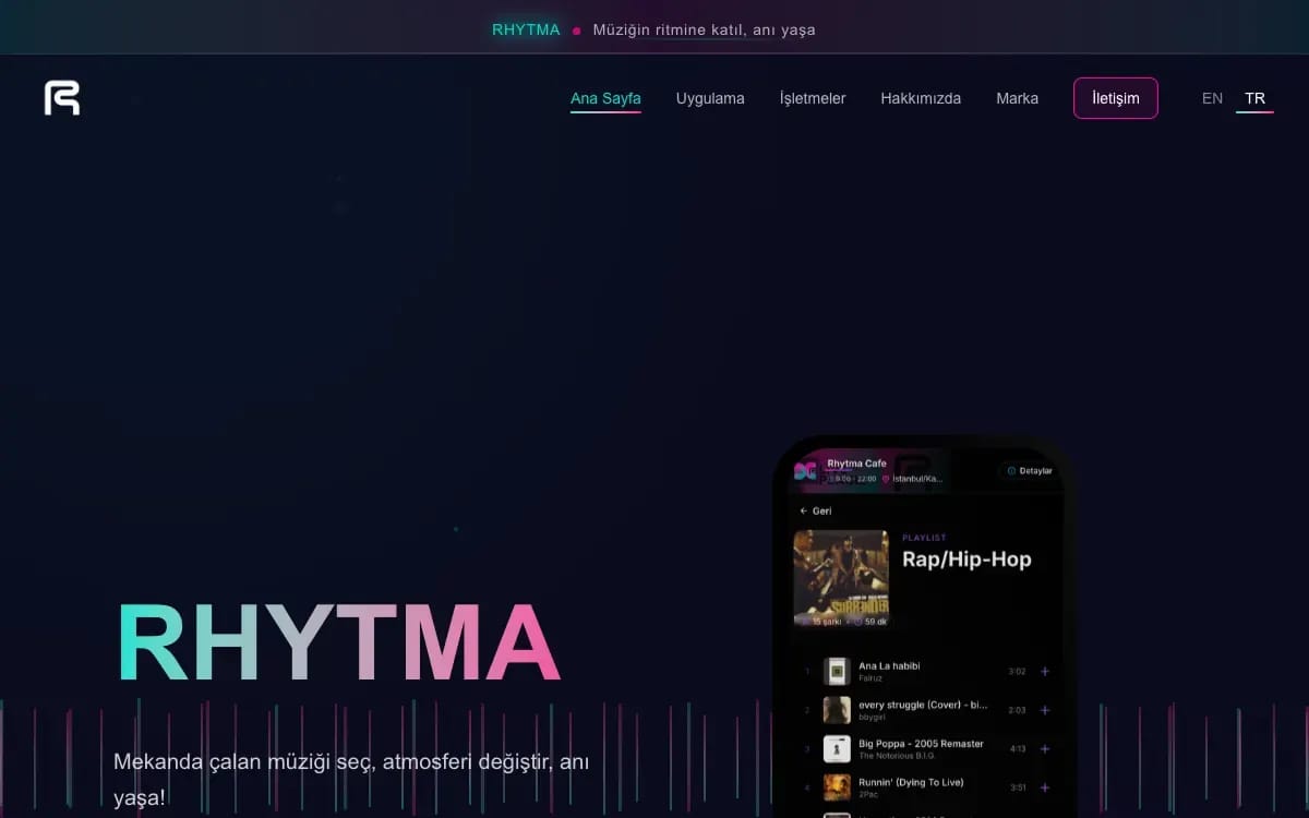 Rhytma ana sayfası: mobil uygulamada canlı müzik kuyruğu