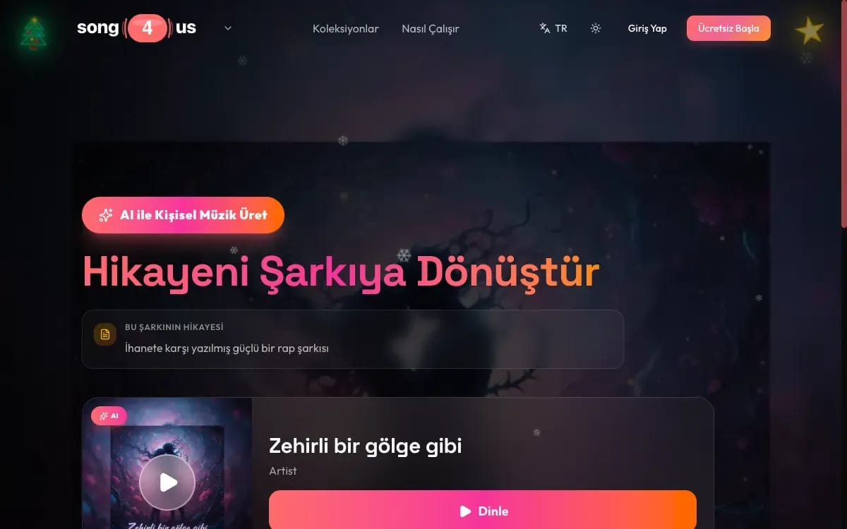 Song4Us ana sayfası: yapay zekâ ile üretilmiş bir şarkının çalar arayüzü