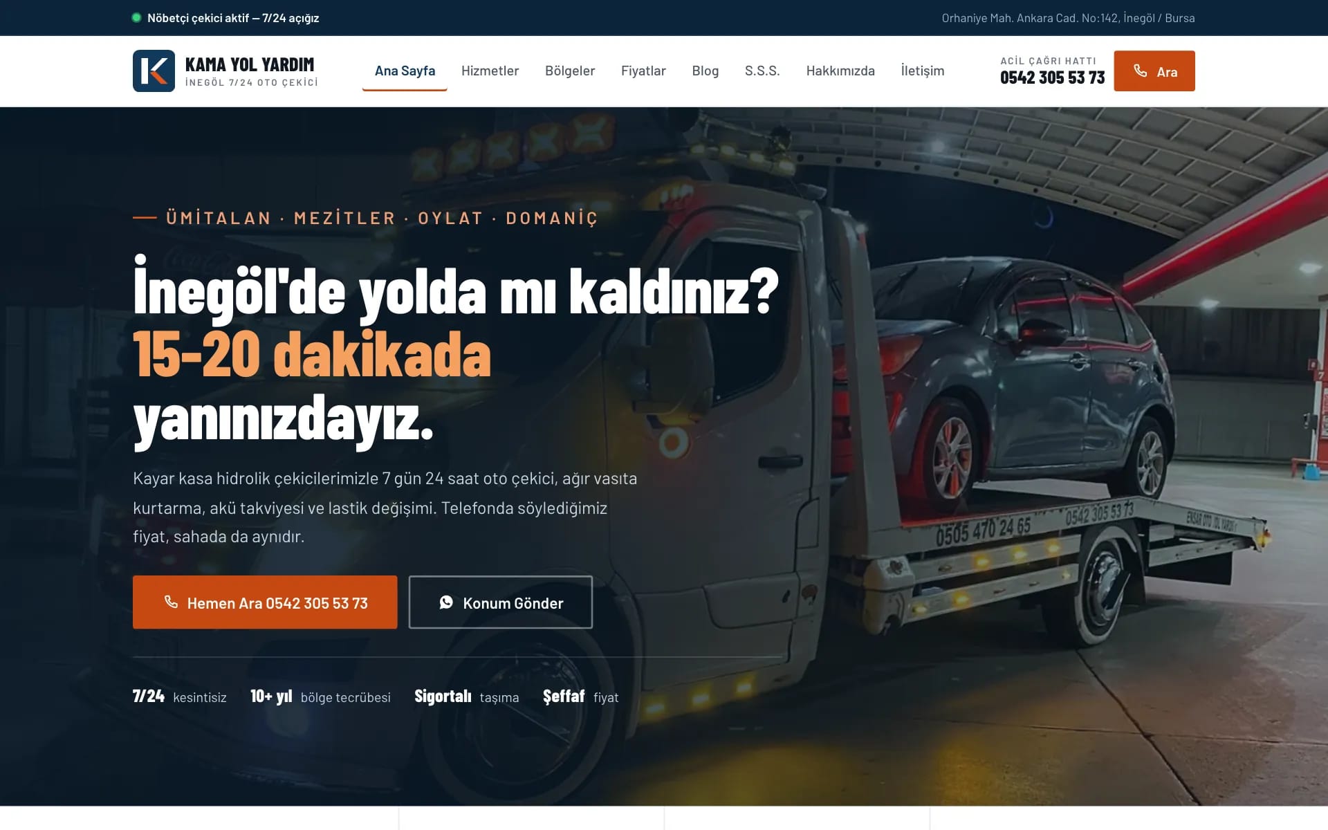 Kama Yol Yardım ana sayfası: kayar kasa çekici fotoğrafı üzerinde “İnegöl'de yolda mı kaldınız? 15-20 dakikada yanınızdayız” başlığı