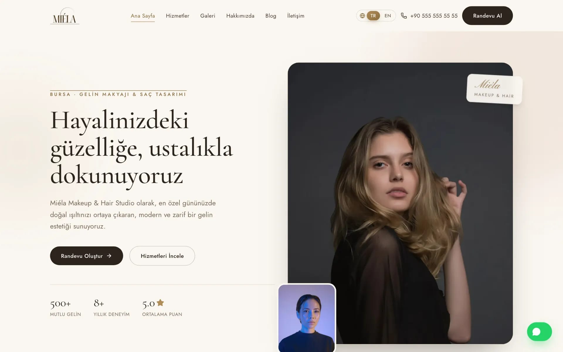 Miéla ana sayfası: bir gelin portresinin yanında “Hayalinizdeki güzelliğe, ustalıkla dokunuyoruz” başlığı
