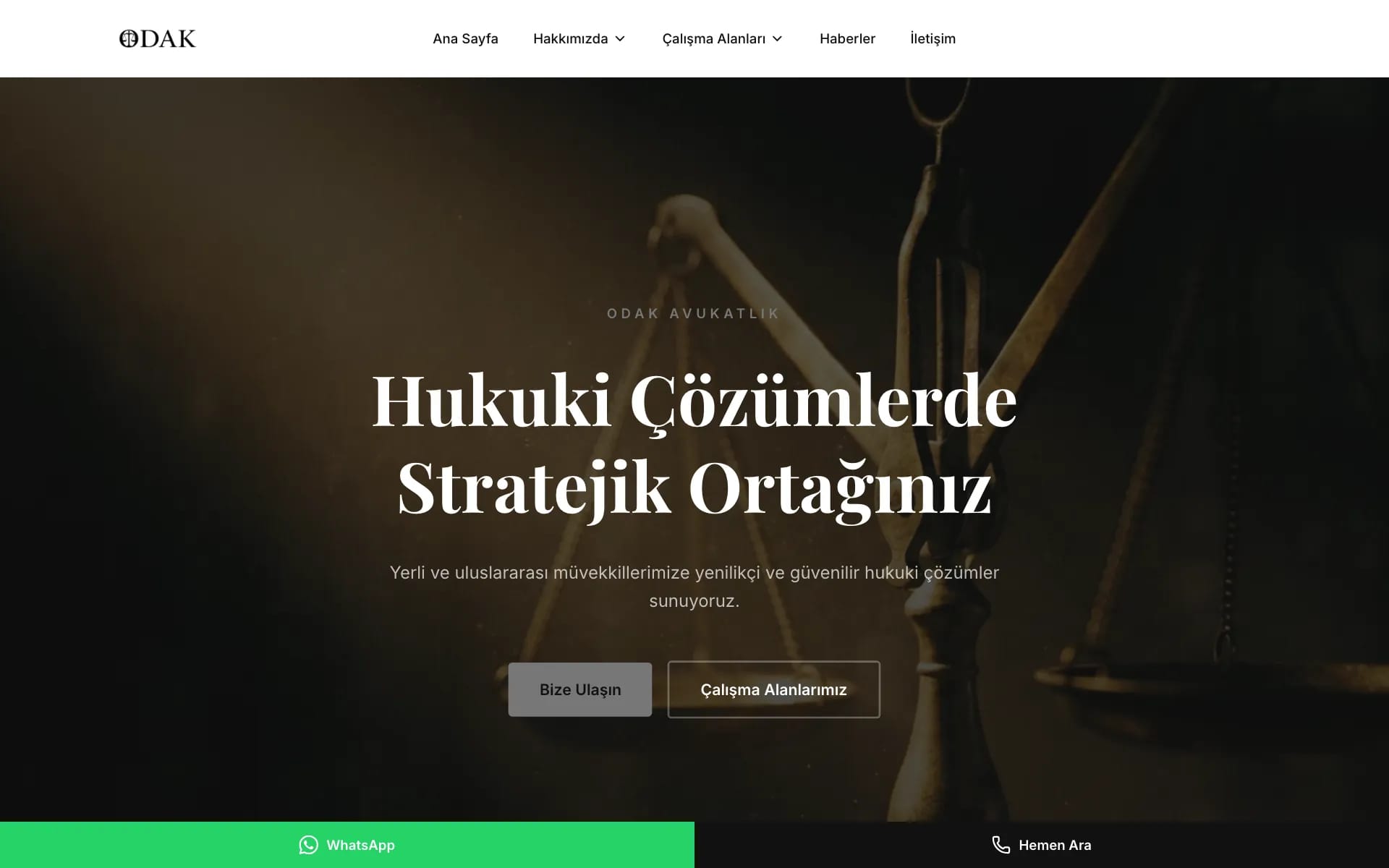 Odak Avukatlık ana sayfası: adalet terazisi fotoğrafı üzerinde “Hukuki Çözümlerde Stratejik Ortağınız” başlığı
