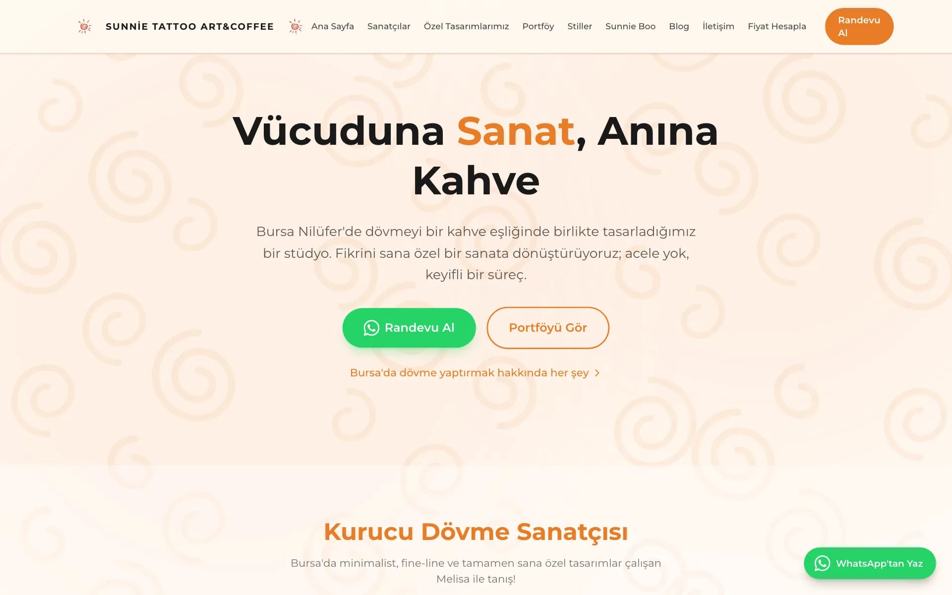 Sunnie Tattoo Art&Coffee ana sayfası: “Vücuduna Sanat, Anına Kahve” başlığı, randevu ve portföy düğmeleri
