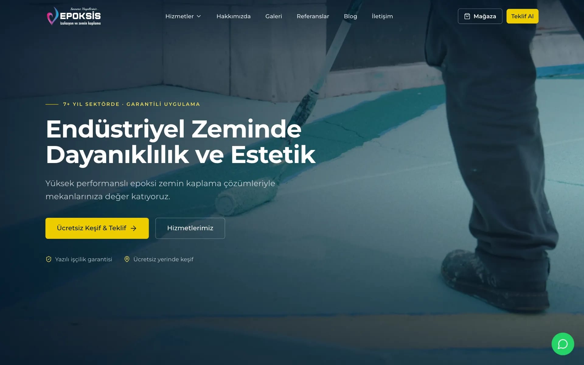 Epoksis ana sayfası: epoksi uygulanan bir zemin fotoğrafı üzerinde “Endüstriyel Zeminde Dayanıklılık ve Estetik” başlığı