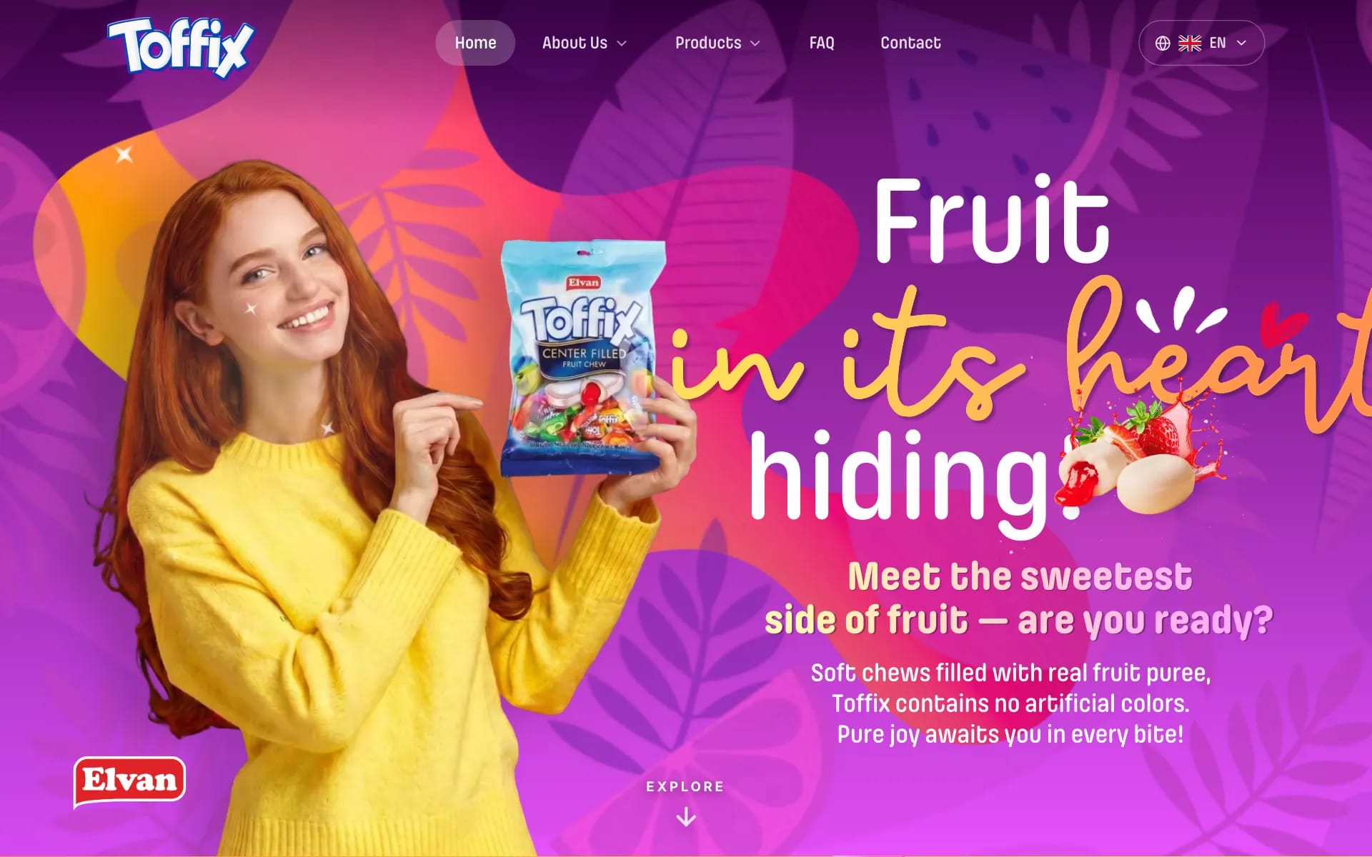 Toffix ana sayfası: Toffix paketi tutan bir model ve “Fruit in its heart hiding” başlığı