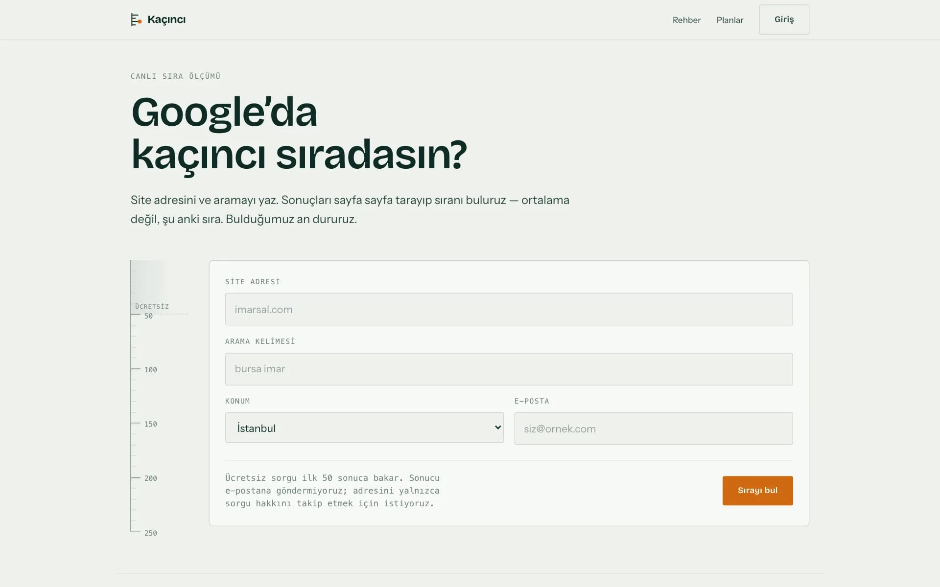 RankIndex (Kaçıncı) ana sayfası: “Google'da kaçıncı sıradasın?” başlığı ve site adresi, arama kelimesi, konum alanları