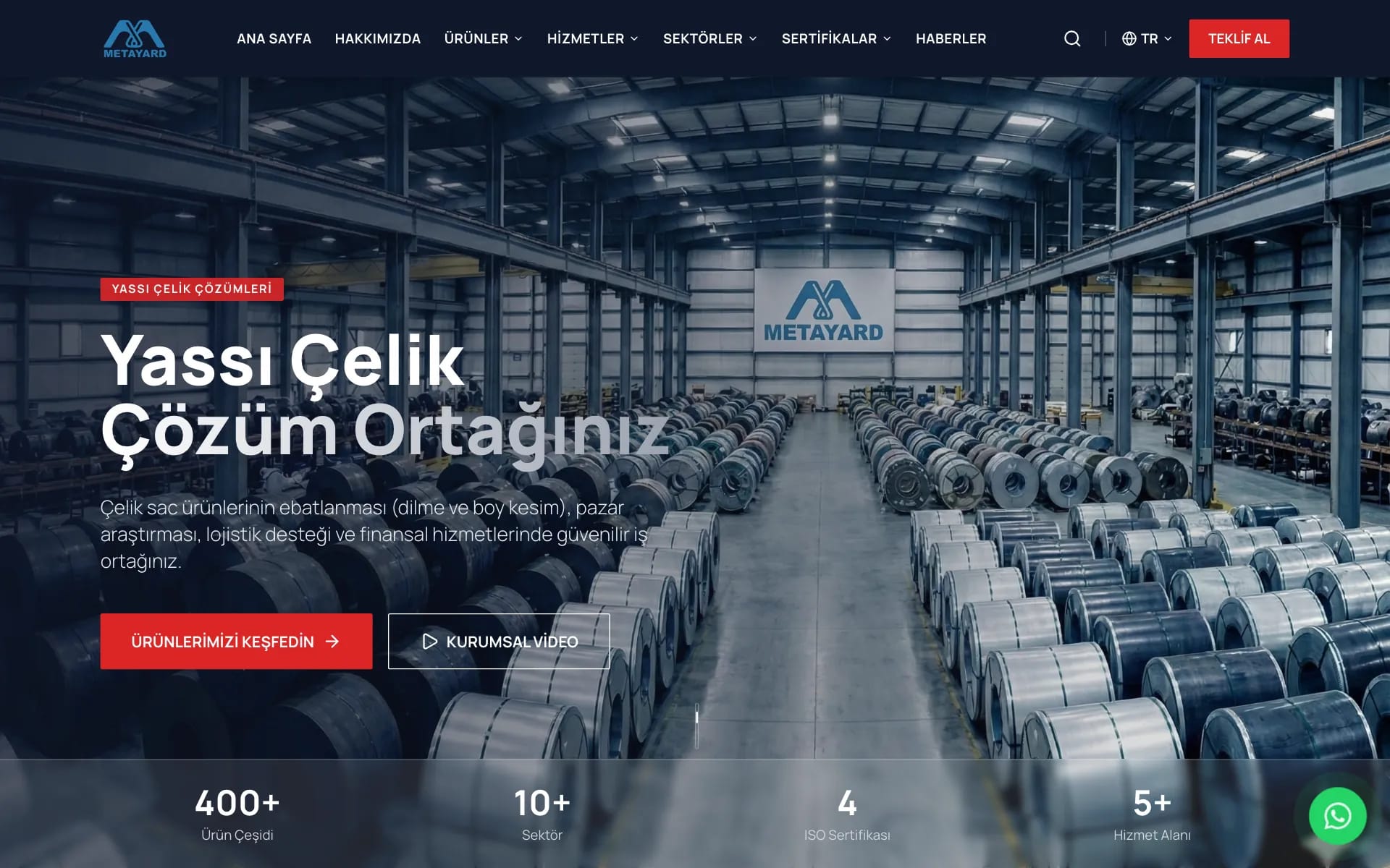 MetaYard ana sayfası: çelik rulo deposu fotoğrafı üzerinde “Yassı Çelik Çözüm Ortağınız” başlığı