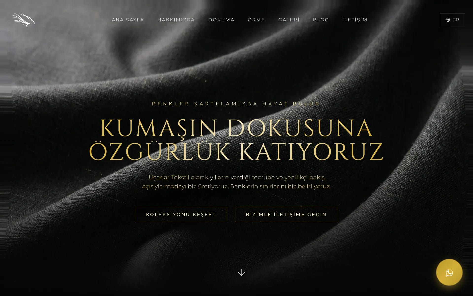 Uçarlar Tekstil ana sayfası: koyu bir kumaş dokusu üzerinde “Kumaşın dokusuna özgürlük katıyoruz” başlığı